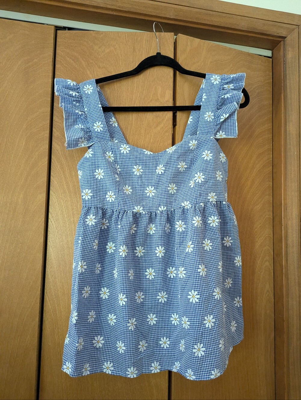 Blue Gingham Daisy Ruffle Strap Top
